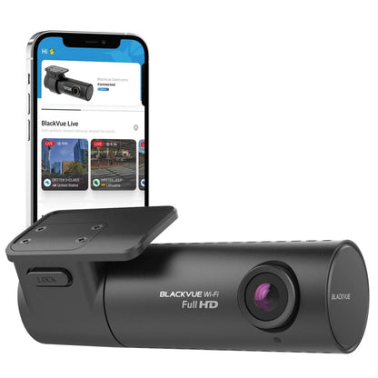 BlackVue DR590X-1CH Plus front dash cam beside a phone showing the BlackVue app