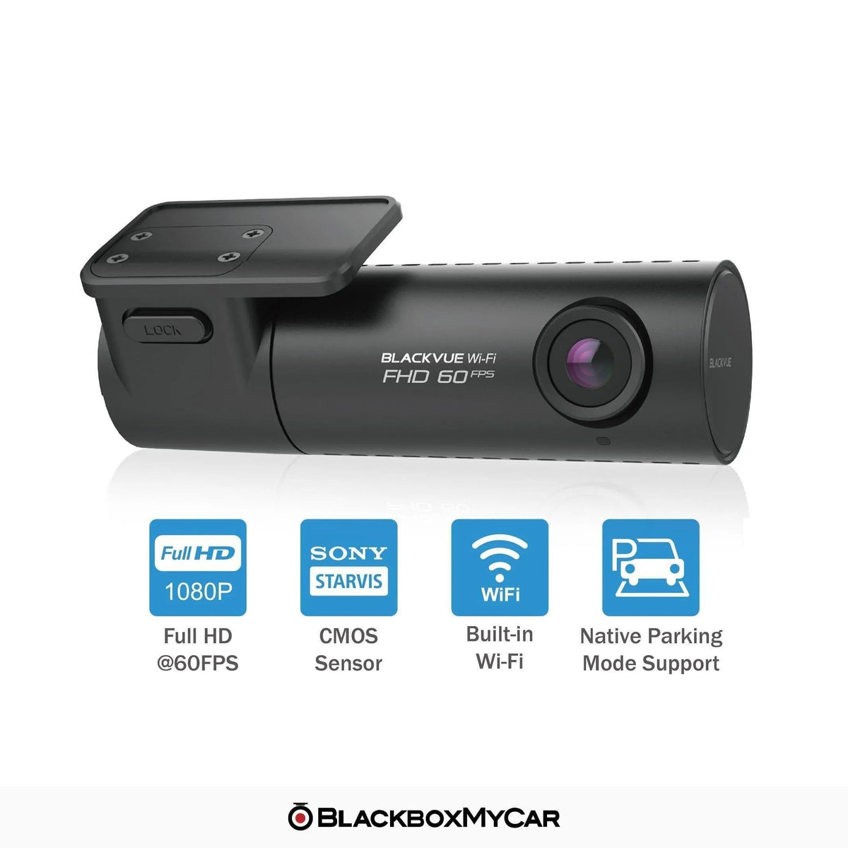 BlackVue DR590X-1CH Plus with icons for 1080p 60FPS, Sony STARVIS, Wi-Fi and parking mode
