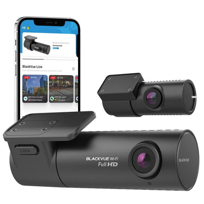 BlackVue DR590X-2CH Plus front and rear cameras beside a phone showing the BlackVue app