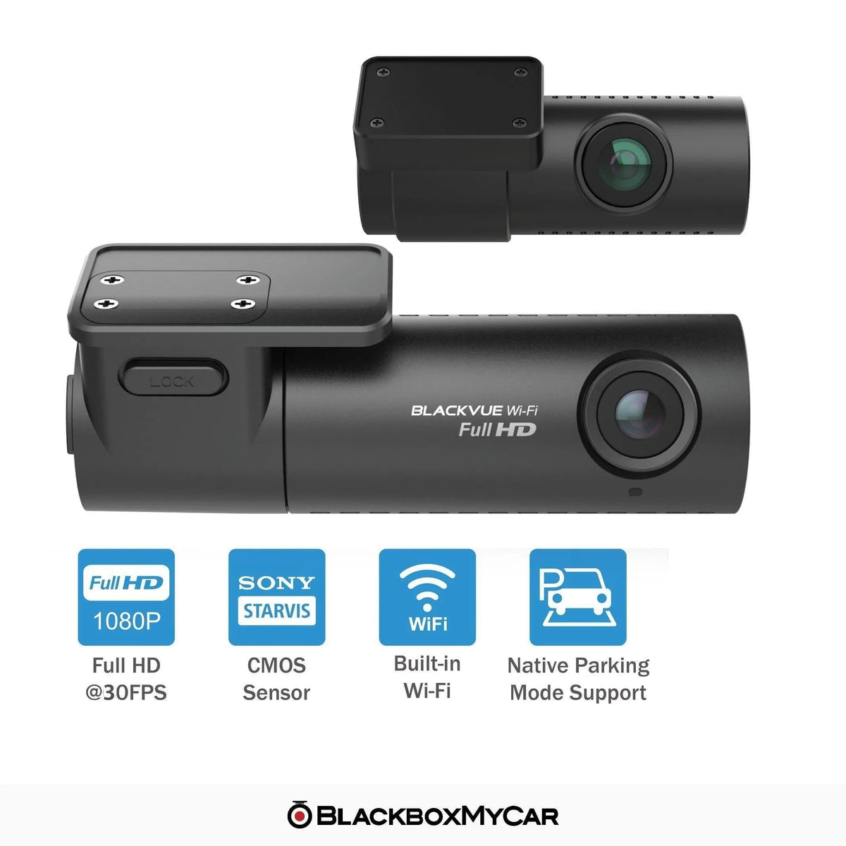 BlackVue DR590X-2CH Plus cameras with icons for 1080p 30FPS, Sony STARVIS, Wi-Fi and parking mode