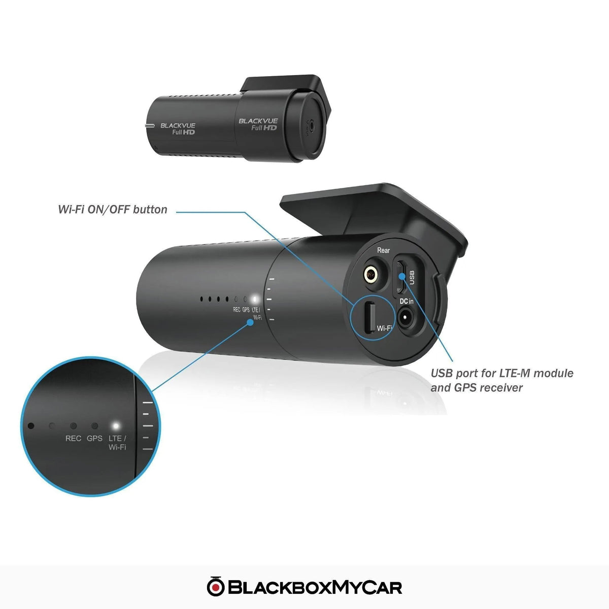 BlackVue DR590X-2CH Plus status LEDs, Wi-Fi button and USB accessory port