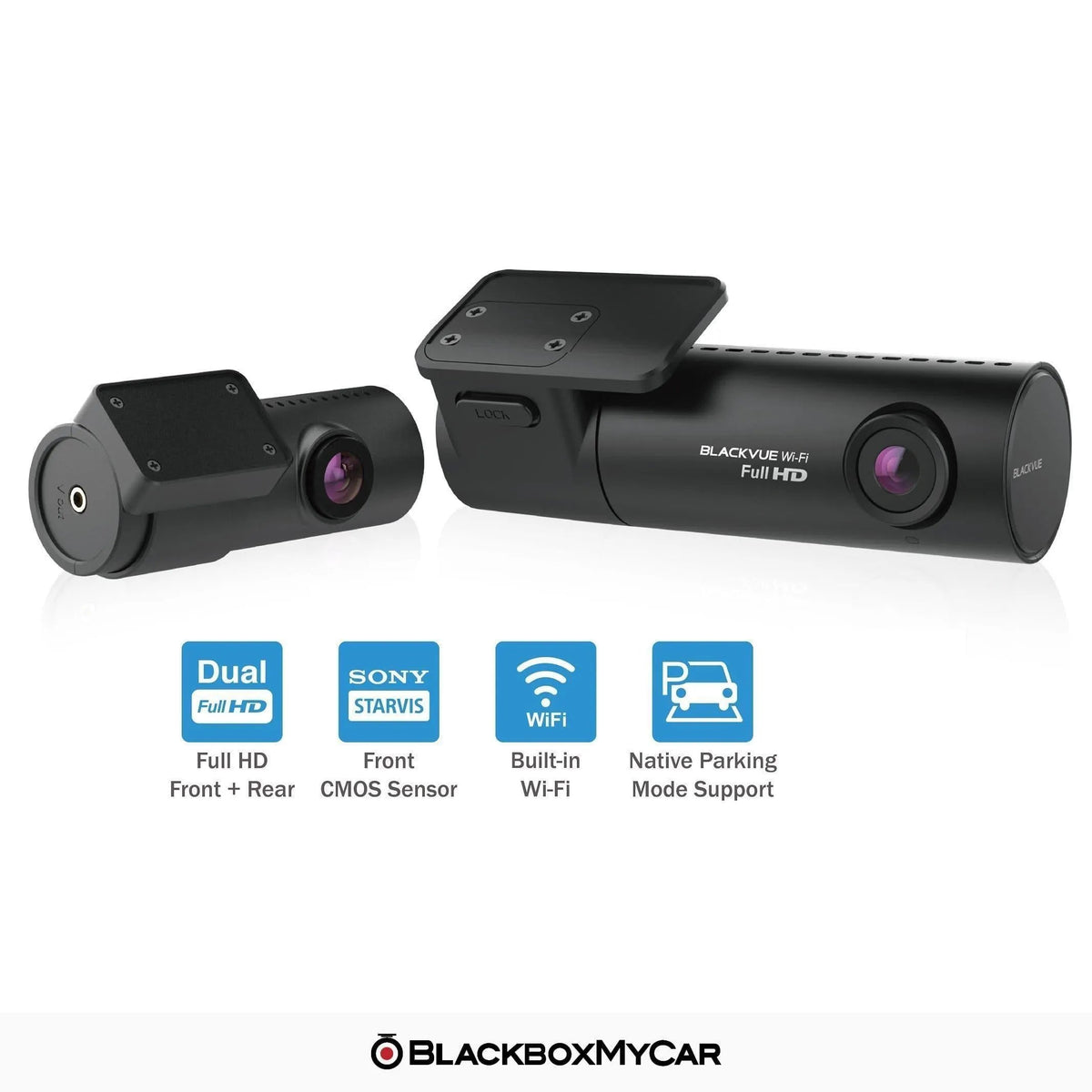 BlackVue DR590X-2CH Plus rear and front cameras with dual Full HD feature icons
