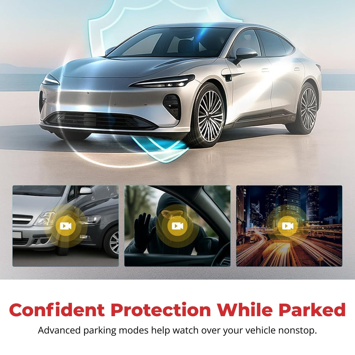 Parked car graphic illustrating BlackVue parking mode protection
