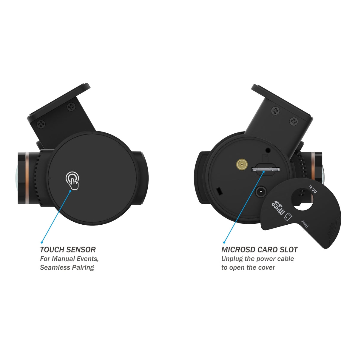 BlackVue DR970X LTE Plus II touch sensor and microSD card slot