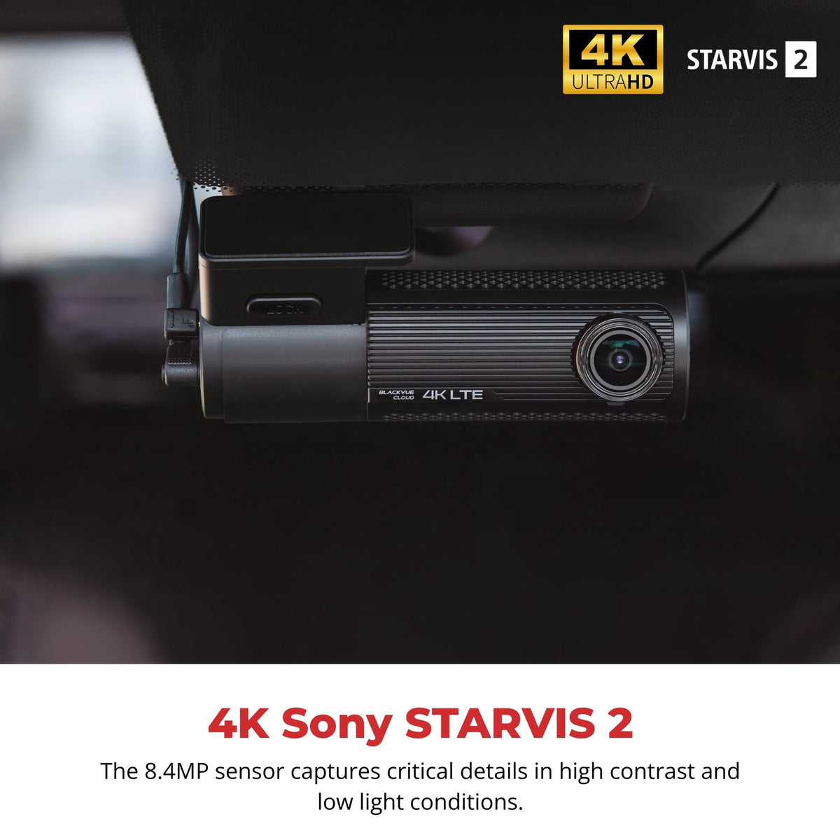 BlackVue DR970X LTE Plus II mounted behind a windshield with 4K and STARVIS 2 badges