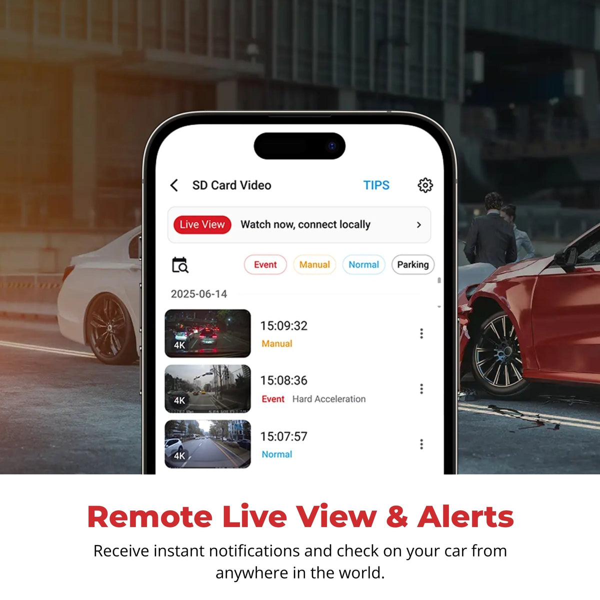 Phone showing BlackVue Cloud remote live view and event alerts