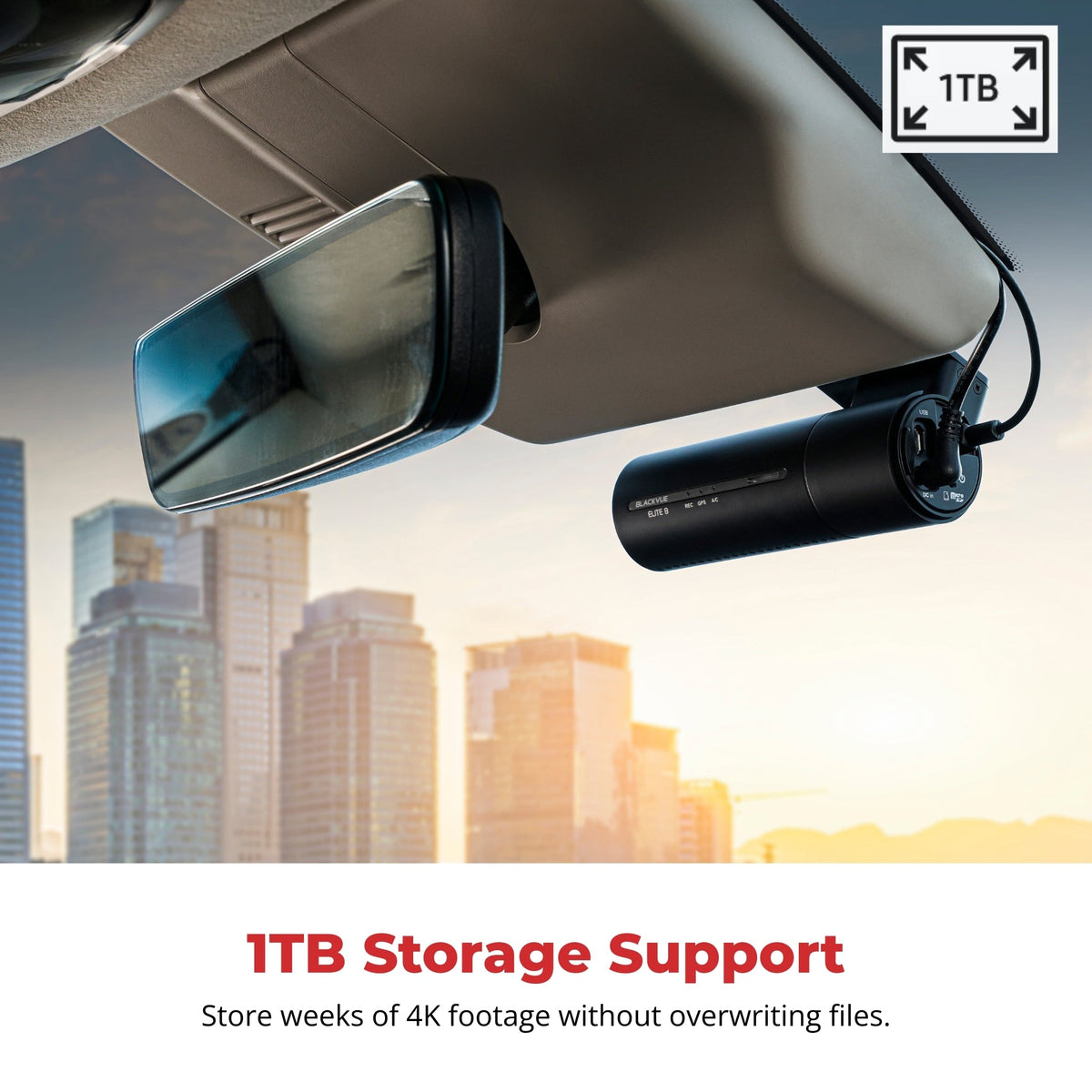 BlackVue ELITE dash cam mounted behind a rearview mirror with a city skyline