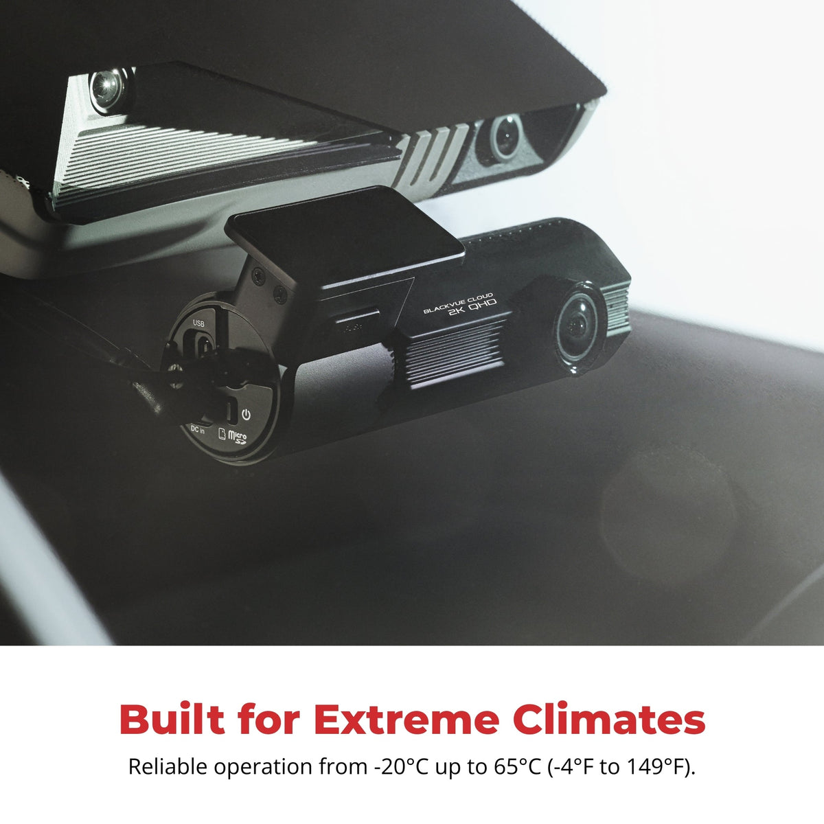 BlackVue ELITE dash cam installed on a windshield, rated -4 to 149 degrees F