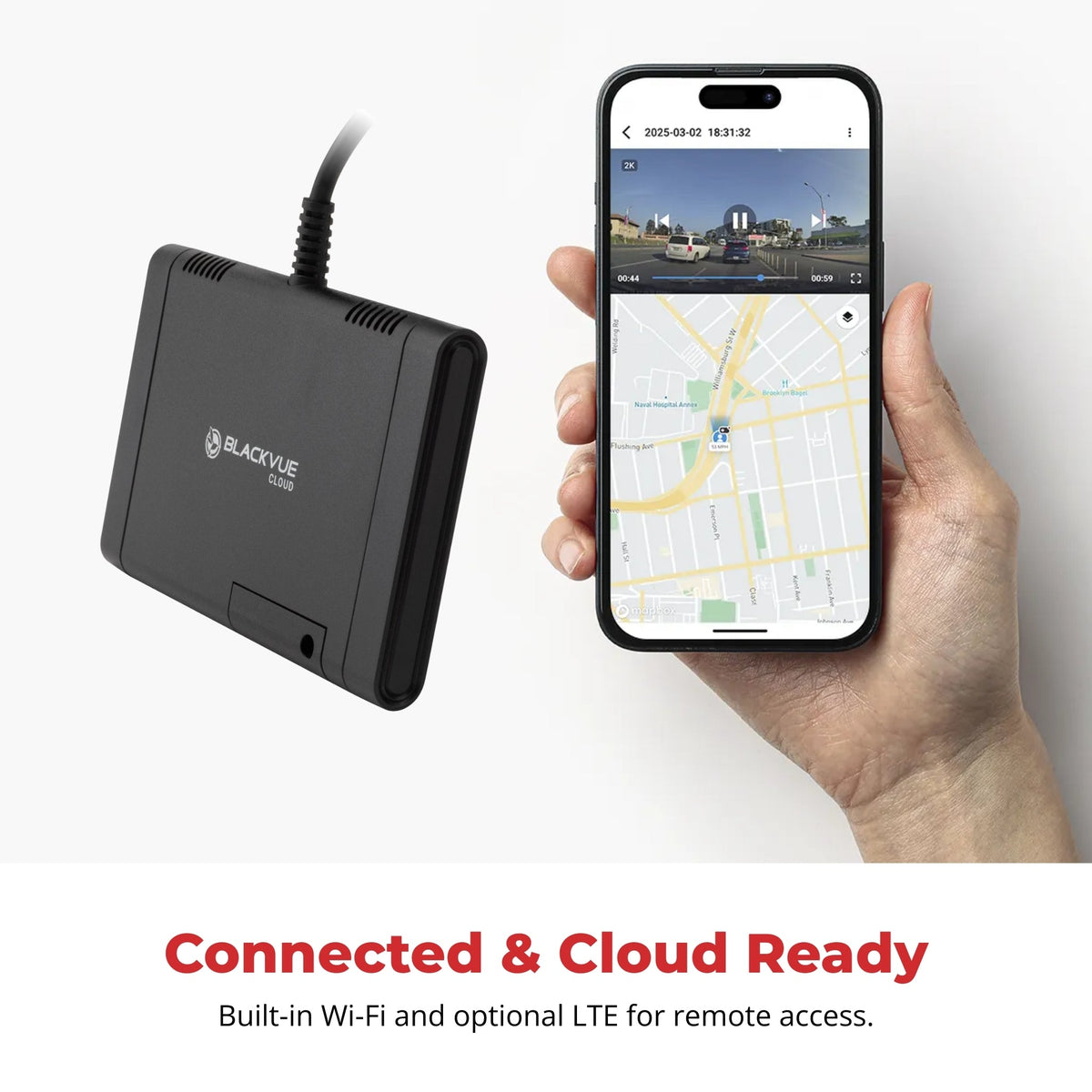 Optional BlackVue LTE module beside a phone showing the BlackVue Cloud app