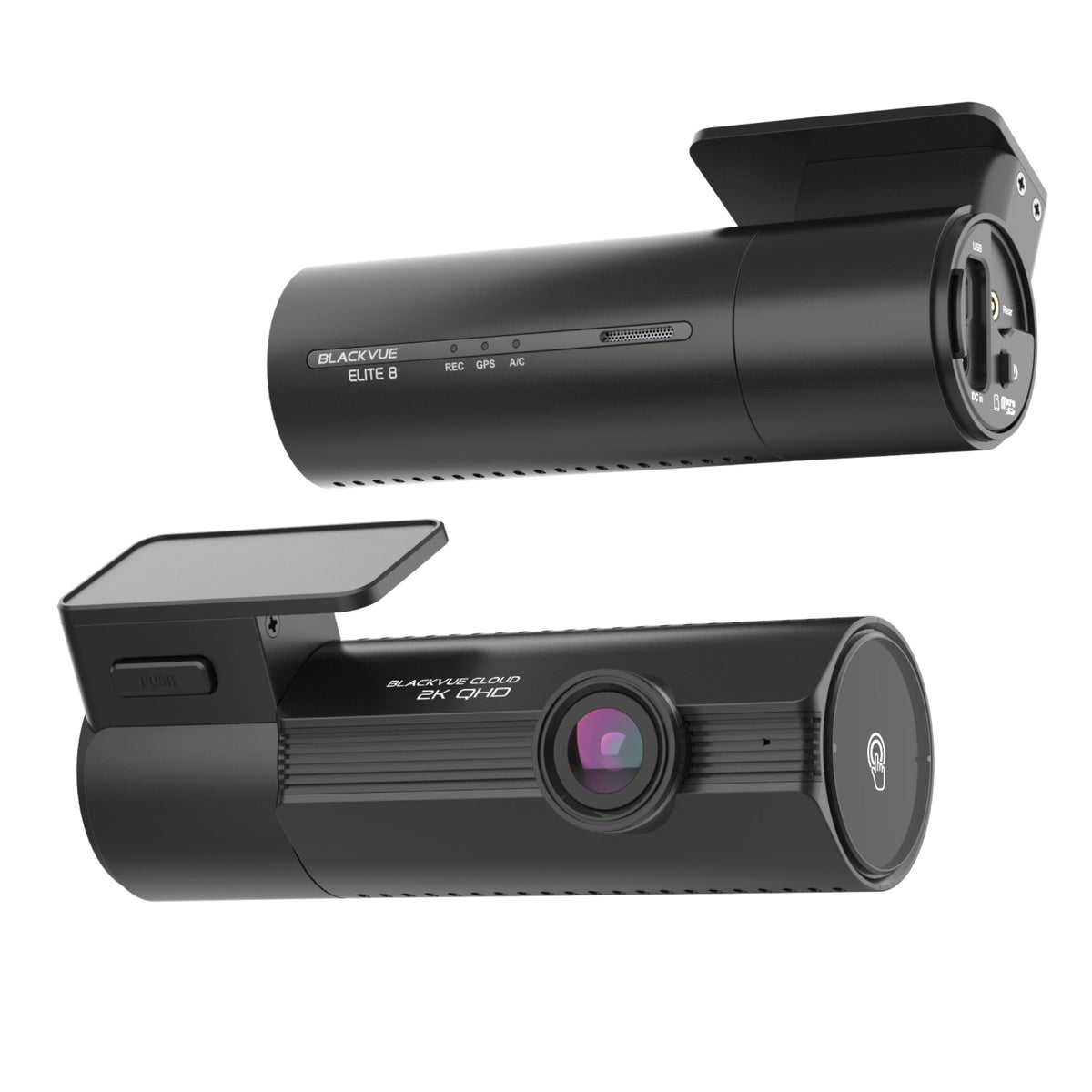 BlackVue ELITE 8 front camera shown from front and rear angles