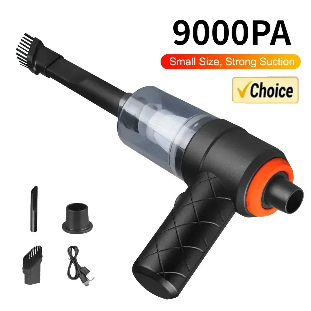 Handheld vacuum cleaner with attachments on a white background, featuring 9000PA suction power.