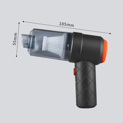 Black and orange handheld tool with measurement details on a gray background