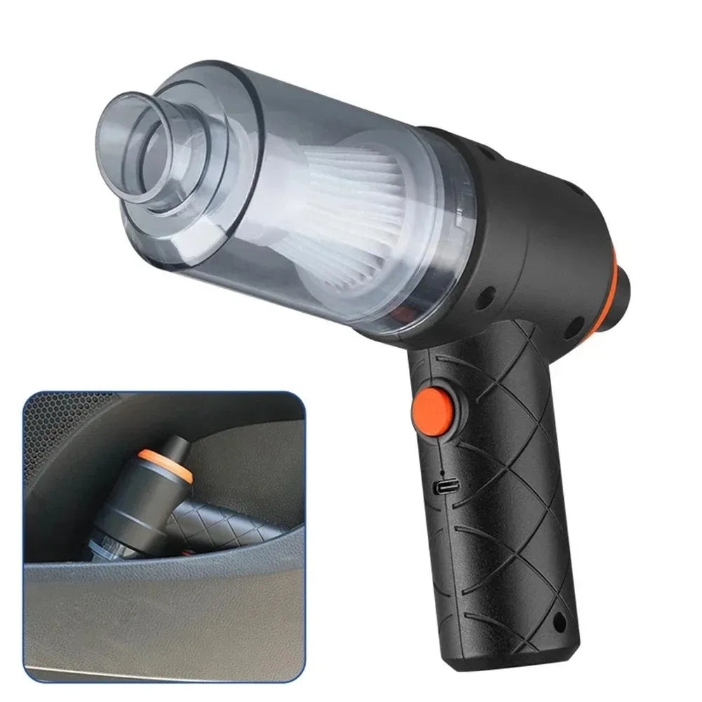 Handheld vacuum cleaner with clear dustbin on a white background