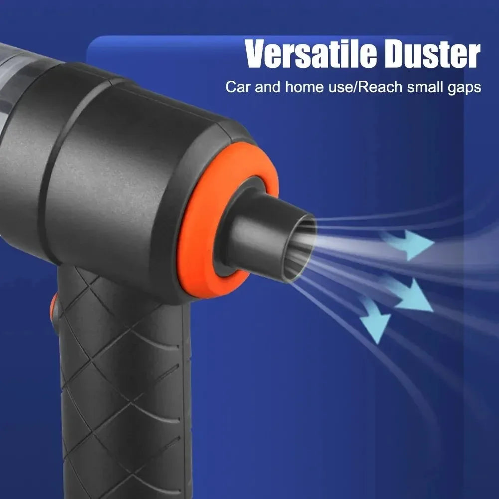 Versatile duster with black and orange design on a blue background
