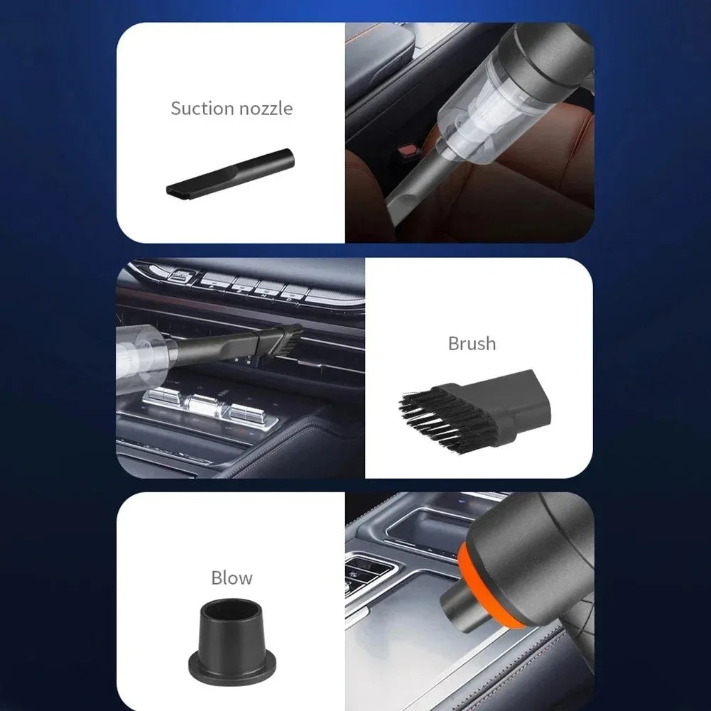 Car vacuum cleaner with various attachments including a suction nozzle, brush, and blow attachment on a dark blue background.