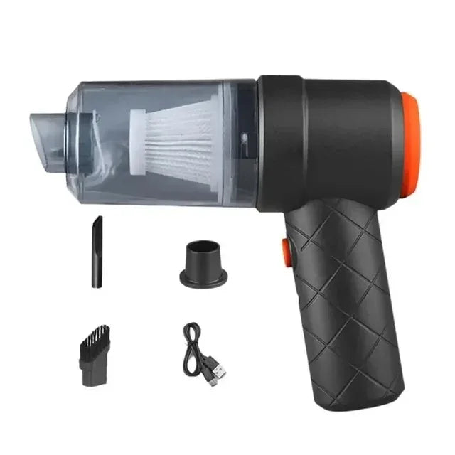 Black handheld vacuum cleaner with attachments on a white background