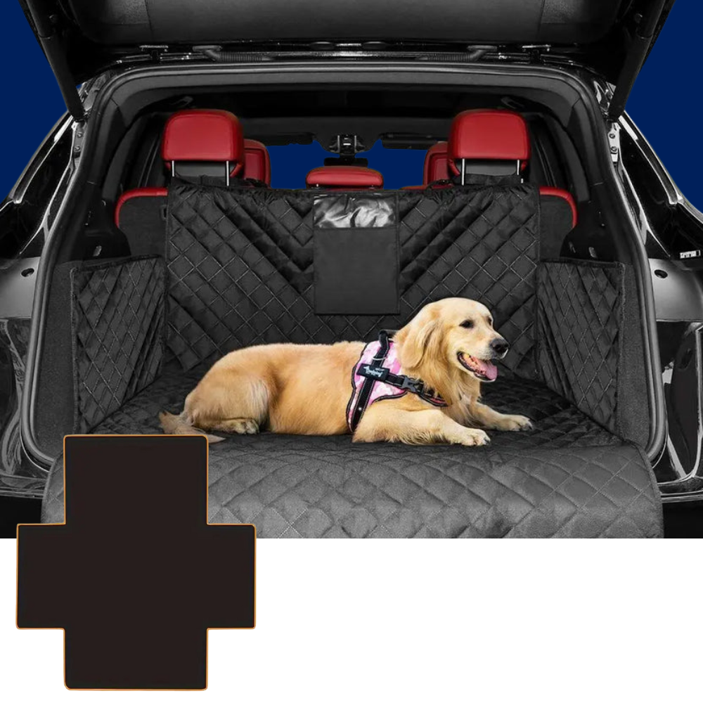 A golden retriever dog lies on a black quilted car trunk mat inside an open SUV trunk, with a matching black pet harness visible. The image shows the product in use in a real vehicle environment, so subject_type is Lifestyle rather than Product/Packaging.