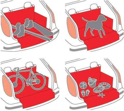 Red car seat cover with various items and a dog illustration on a white background