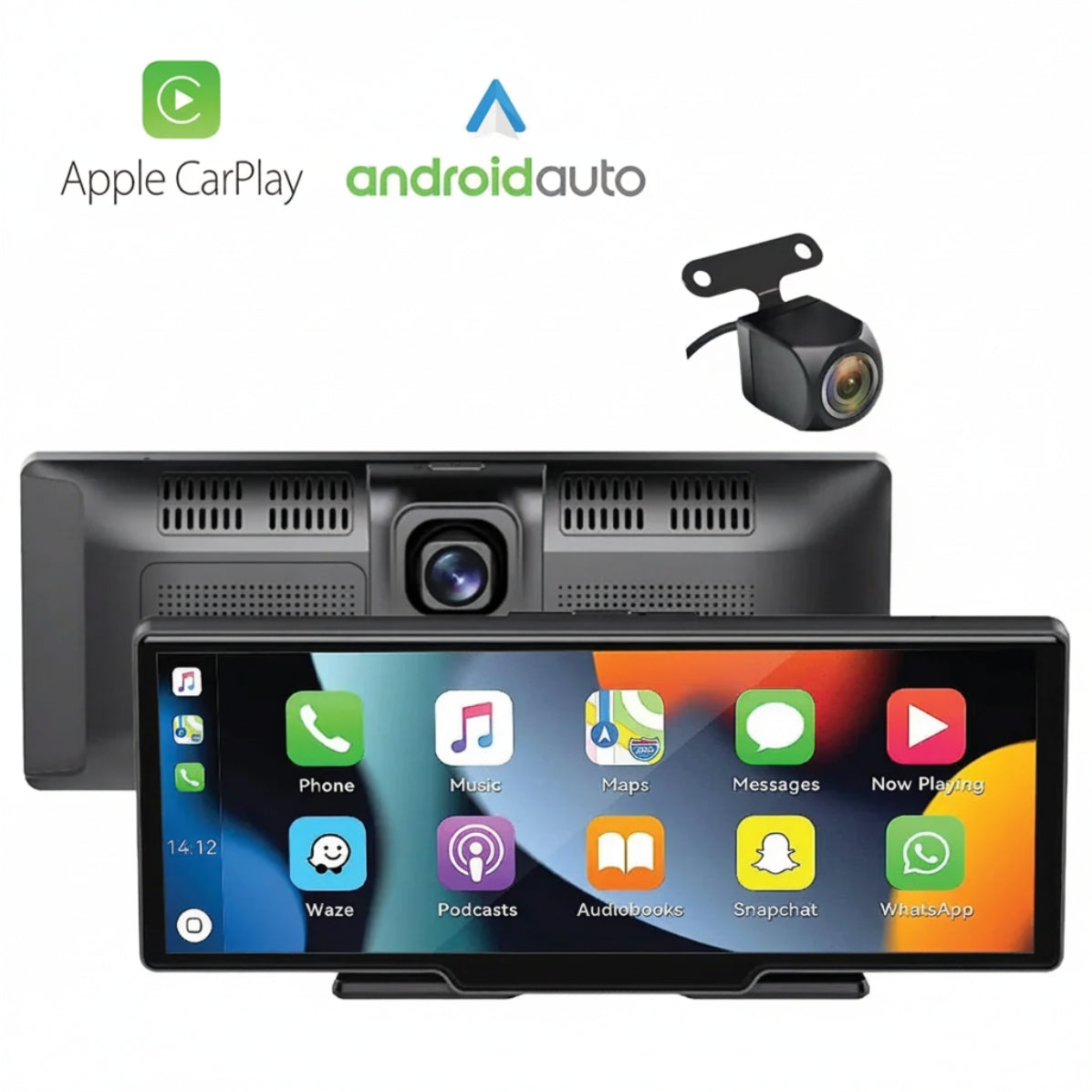 BlackboxMyCar S-Drive 10-inch display showing CarPlay, with its built-in front camera and rear camera