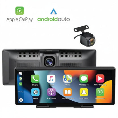BlackboxMyCar S-Drive 10-inch display showing CarPlay, with its built-in front camera and rear camera