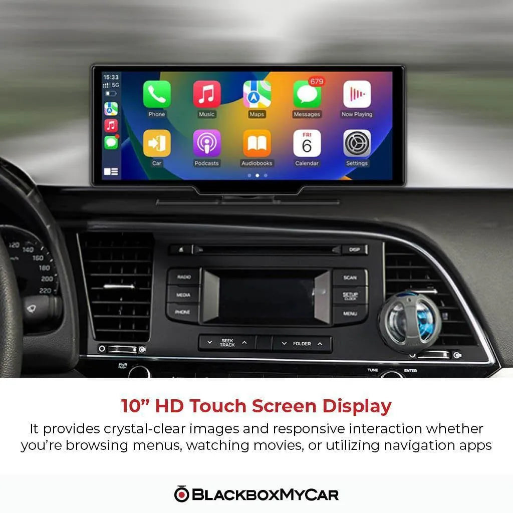 S-Drive 10-inch touch display mounted on a car dashboard showing CarPlay apps