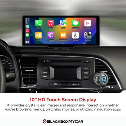S-Drive 10-inch touch display mounted on a car dashboard showing CarPlay apps