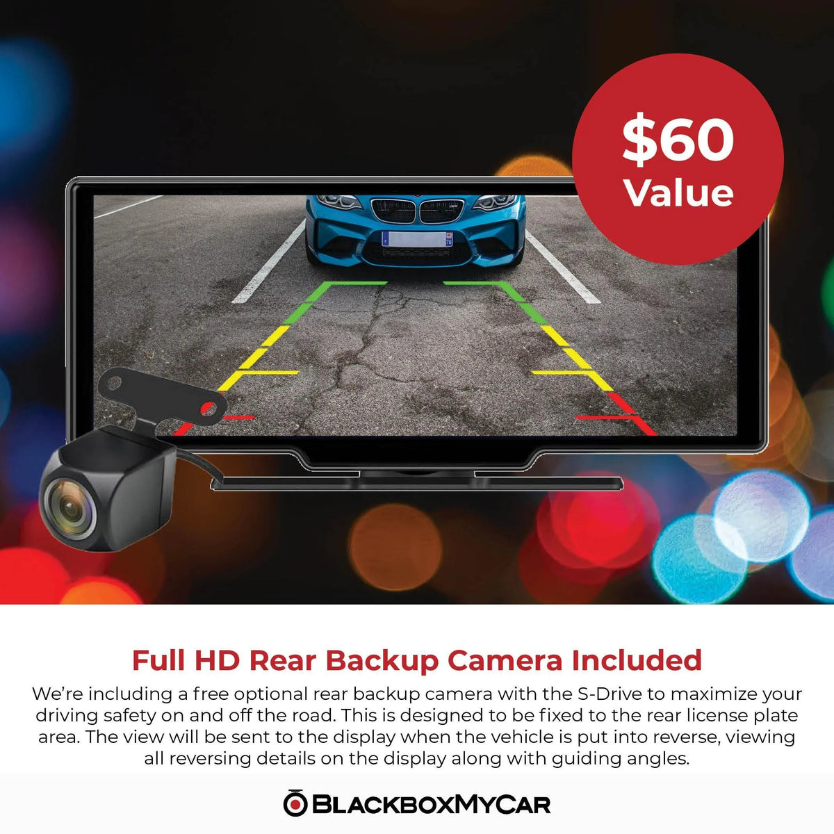 S-Drive display showing the rear backup camera view with parking guidelines
