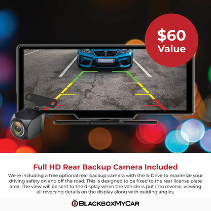 S-Drive display showing the rear backup camera view with parking guidelines