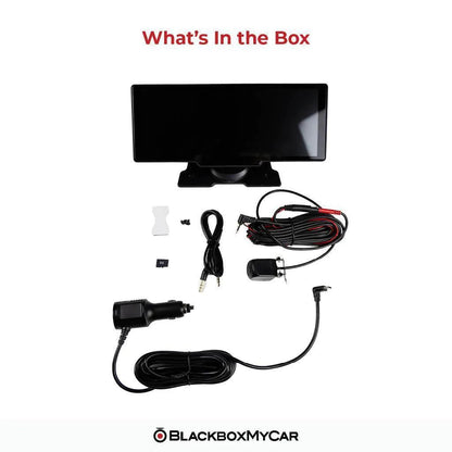 S-Drive box contents: display, rear camera, power cable, AUX cable and microSD card