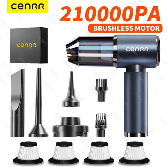 Cenrr vacuum with attachments and 210000PA brushless motor on a white background