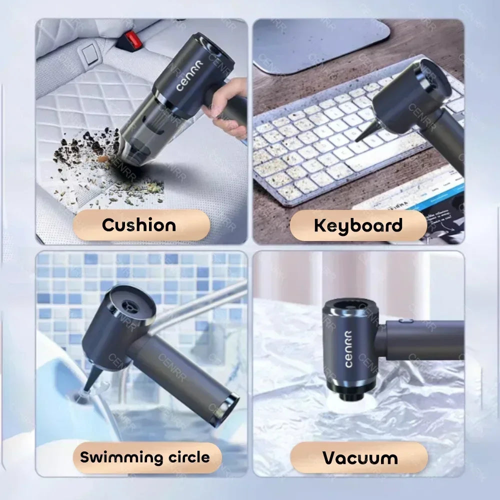 Cenner vacuum cleaner being used on a cushion, keyboard, swimming circle, and vacuum cleaning surface.