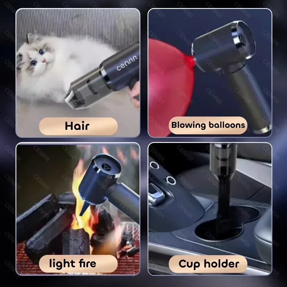 Multifunctional tool being used for hair removal, balloon inflation, fire ignition, and cup holder cleaning.