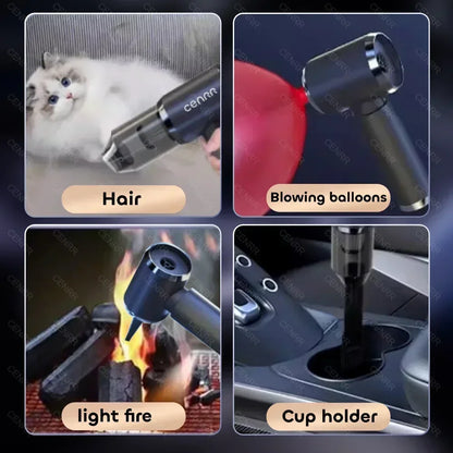 Multifunctional tool being used for hair removal, balloon inflation, fire ignition, and cup holder cleaning.