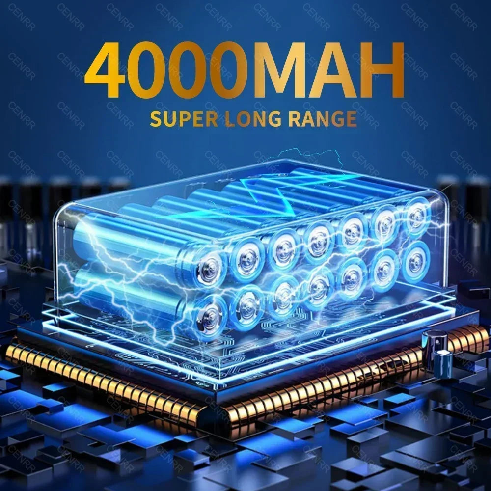 Transparent battery pack with blue glowing elements on a dark background, labeled '4000mAh Super Long Range'.