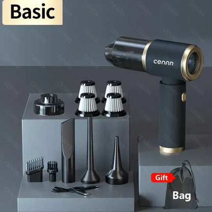 Cenrrr vacuum set with multiple attachments and a gift bag on a gray background