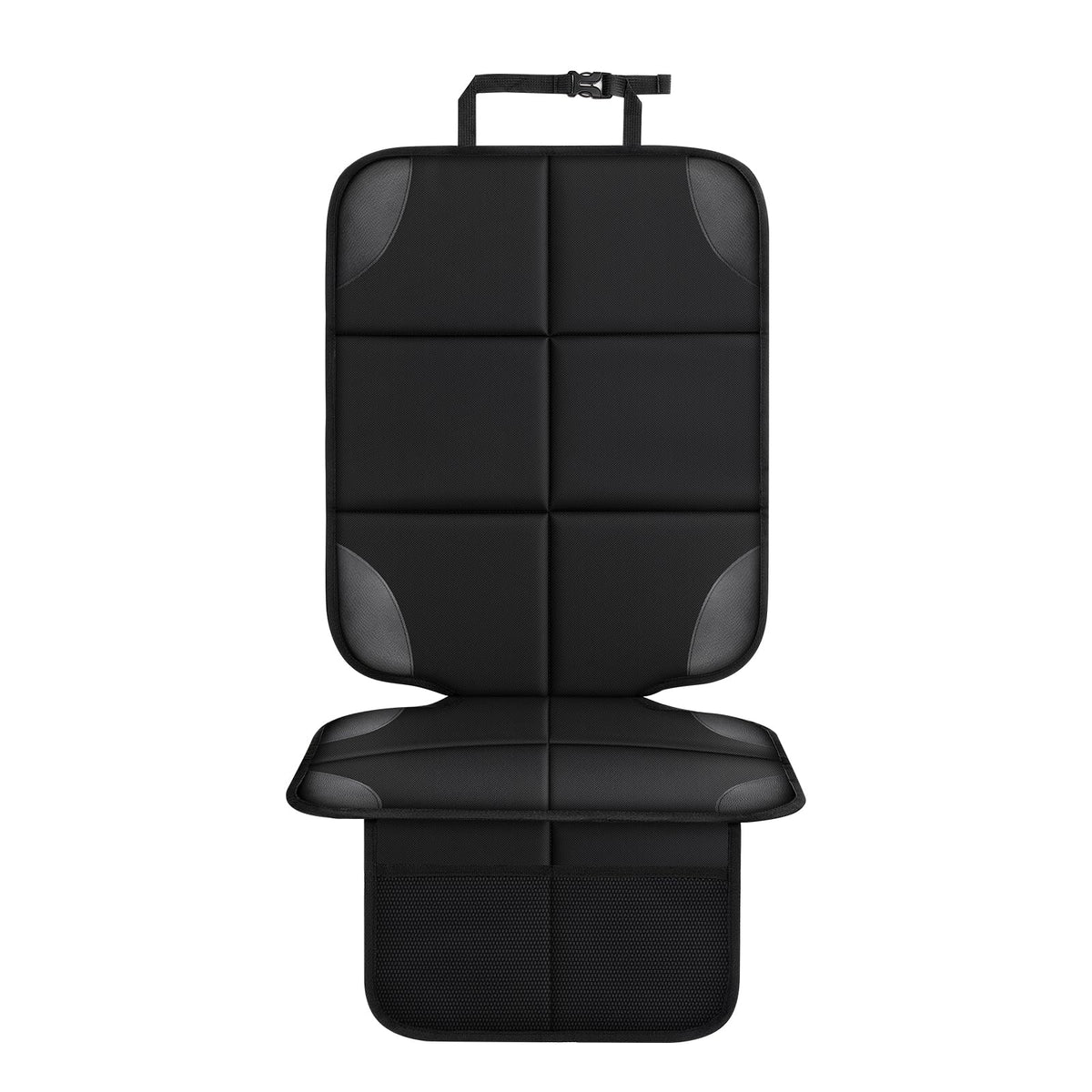 Black car seat protector mat with headrest strap, front view