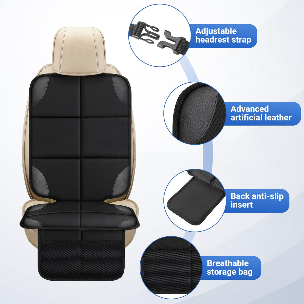 Car seat protector features: headrest strap, faux leather, anti-slip insert and storage pocket