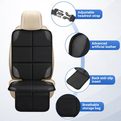 Car seat protector features: headrest strap, faux leather, anti-slip insert and storage pocket