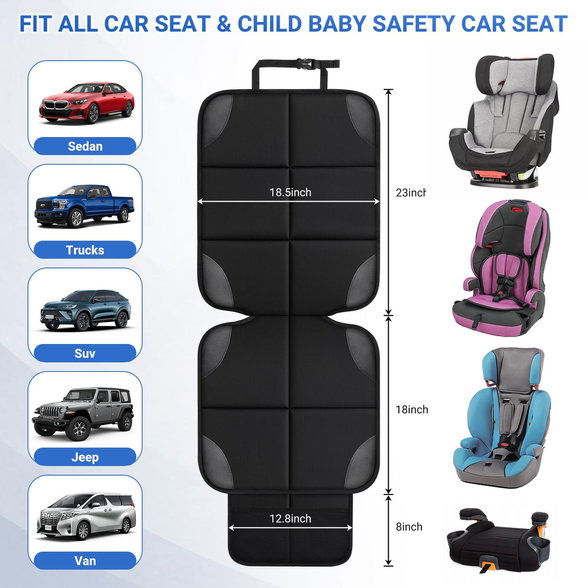 Car seat protector dimensions with sedan, truck, SUV, Jeep and van examples and child seat types