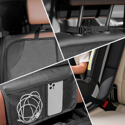 Close-ups of the headrest buckle strap and mesh storage pocket