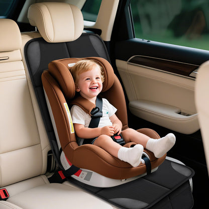 Toddler in a car seat installed on the black seat protector