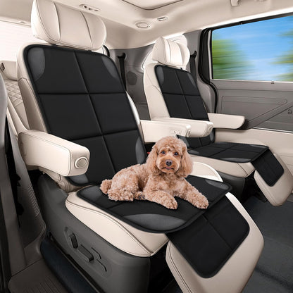 Poodle lying on a car seat protector in a minivan