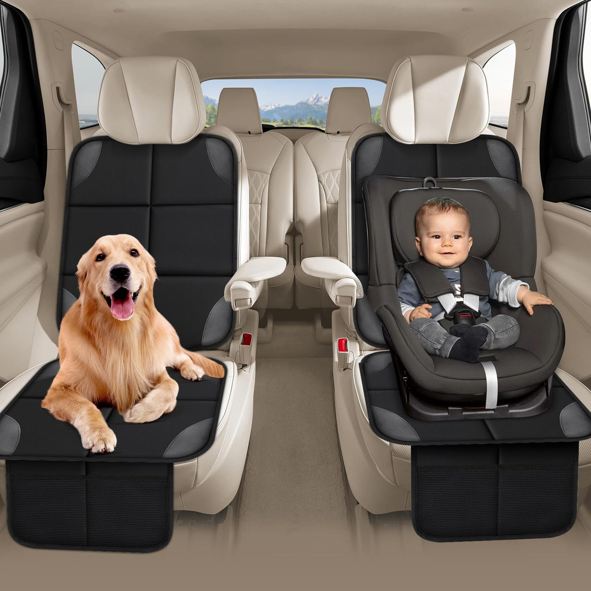 Dog and baby on car seat protectors in a minivan