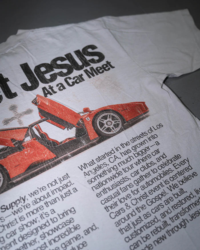 Cars & Christ “I Met Jesus at a Car Meet” T-Shirt – Clutch Supply LA | Christian Car Culture Tee