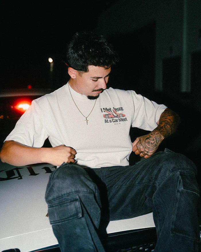 Cars & Christ “I Met Jesus at a Car Meet” T-Shirt – Clutch Supply LA | Christian Car Culture Tee