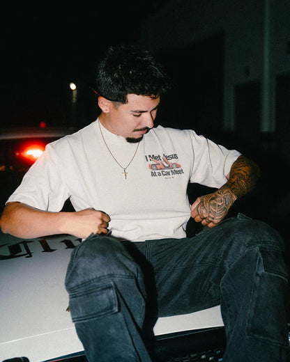Cars & Christ “I Met Jesus at a Car Meet” T-Shirt – Clutch Supply LA | Christian Car Culture Tee