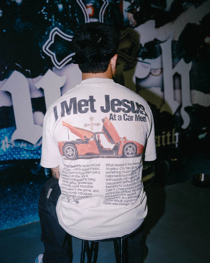 Cars & Christ “I Met Jesus at a Car Meet” T-Shirt – Clutch Supply LA | Christian Car Culture Tee