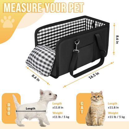 Console dog car seat measuring 16.5 x 8.6 x 8.6 in with pet size limits