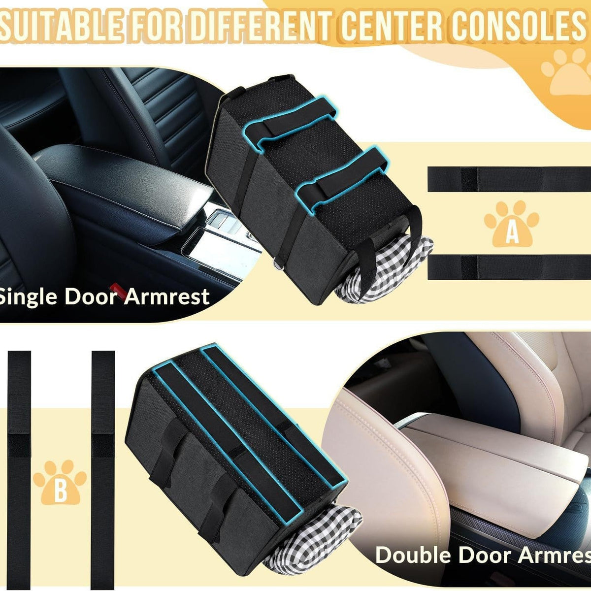 Console dog seat shown fitting single-door and double-door armrests