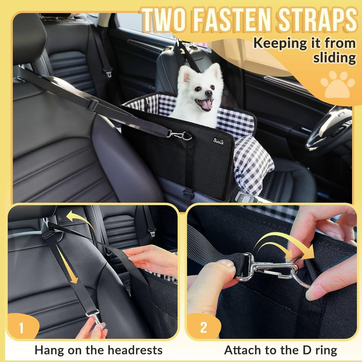 Two straps hanging on the headrests and clipping to the D-ring of the console dog seat